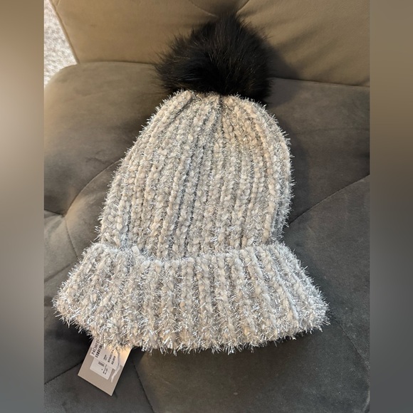 BP (Nordstrom) Silver Sparkly Knit Beanie with Black Pom Pom - NWT - Never Worn - Picture 2 of 6